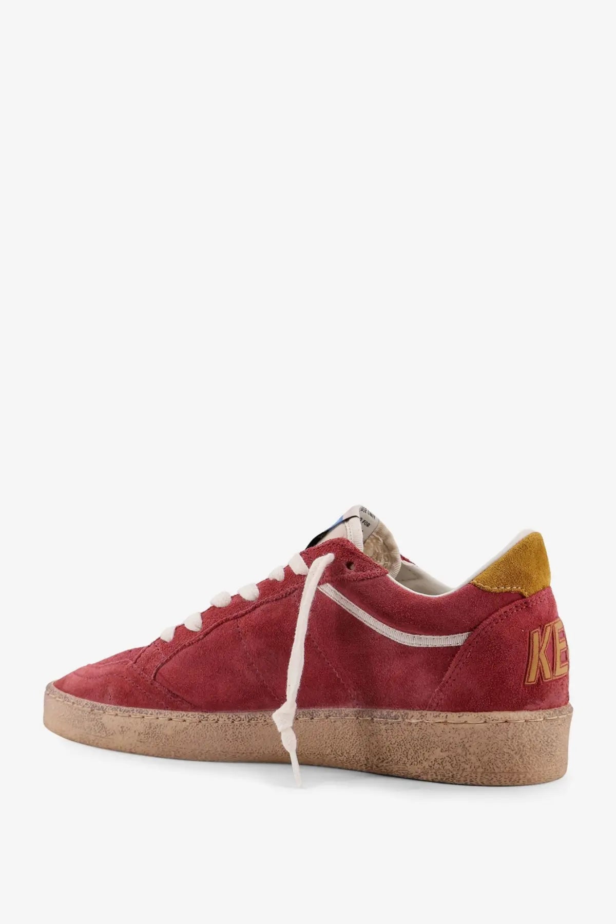 Golden Goose women’s Ballstar suede sneaker in red with tan sole white laces and mustard yellow heel tab