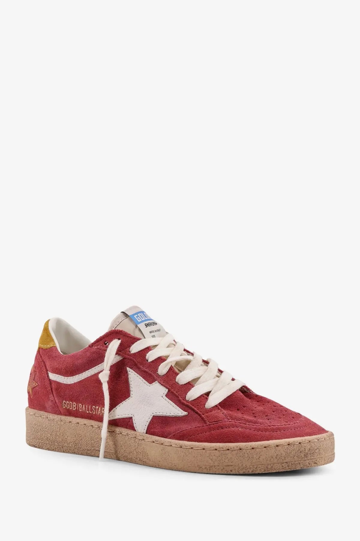 Golden Goose women’s Ballstar suede sneakers in red with a white star patch and cream-colored laces