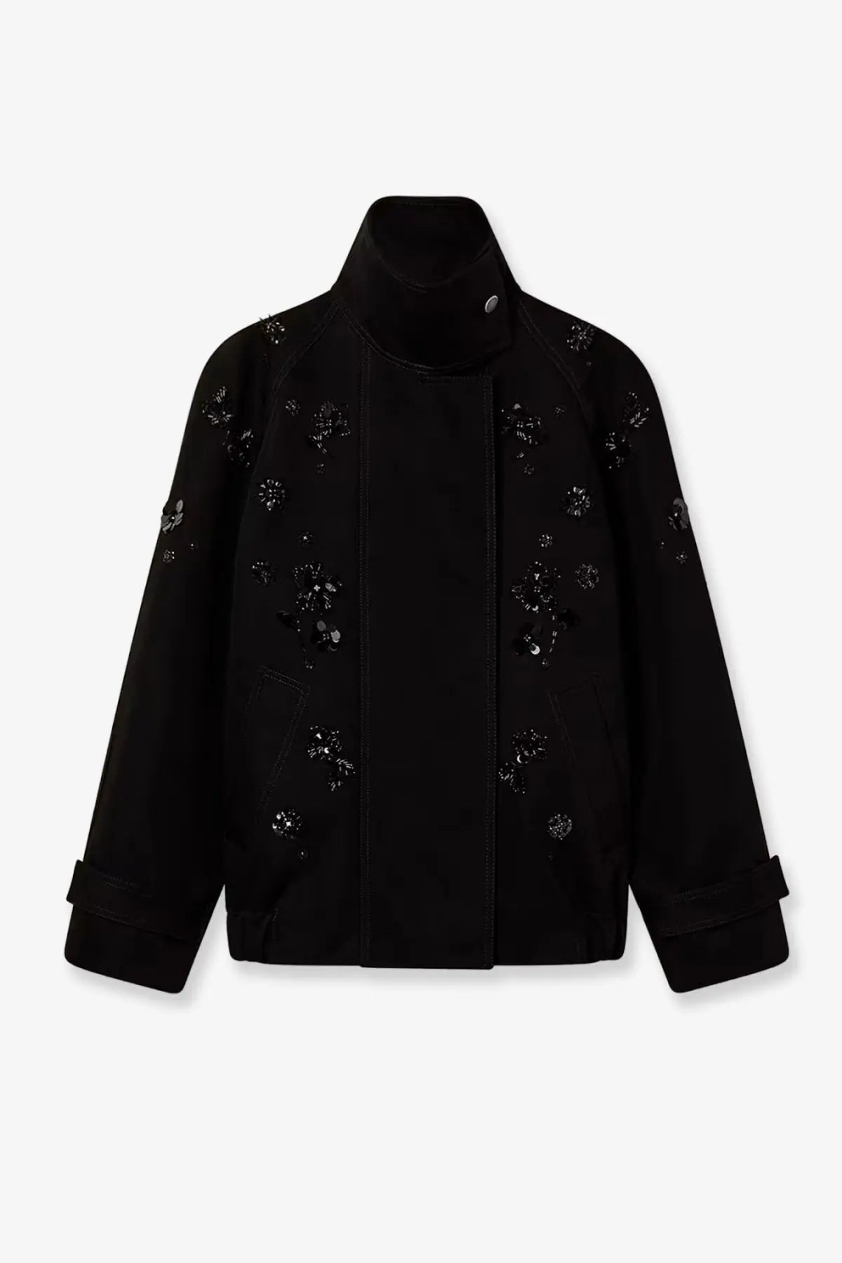 Golden Goose women’s black denim jacket with delicate floral embroidery in shimmering silver thread on black fabric