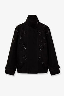 Golden Goose women’s black denim jacket with delicate floral embroidery in shimmering silver thread on black fabric