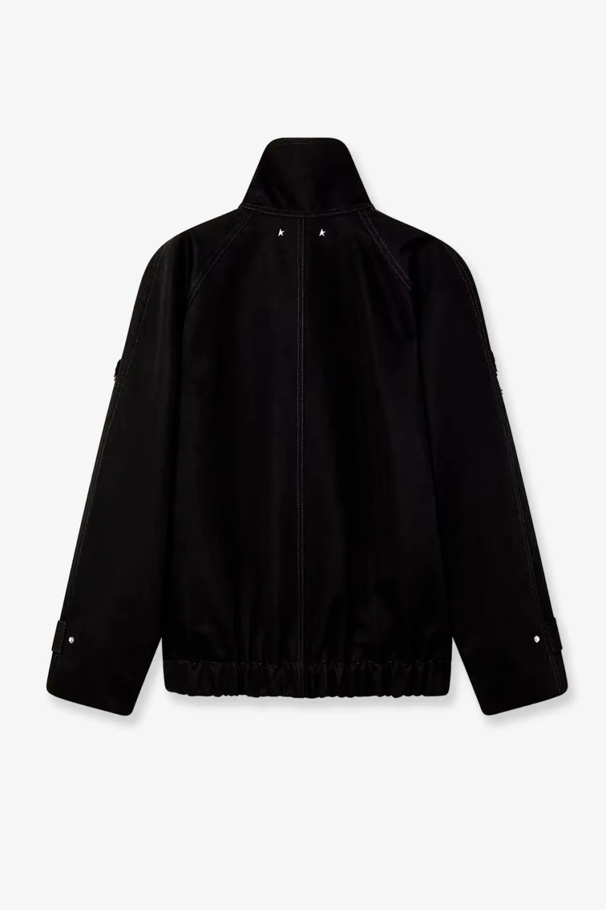 Golden Goose women’s black denim jacket with high collar and silver star studs on shoulders and cuffs