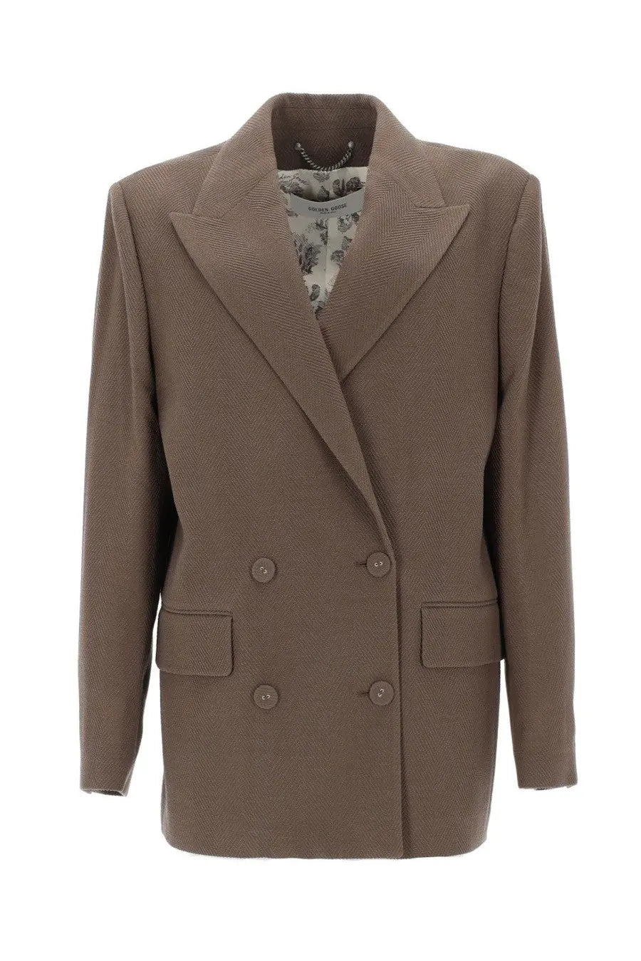 Golden goose women’s blazer doppiopetto in lana beige features a structured double-breasted textured brown fabric with flap pockets