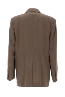 Golden goose women’s blazer doppiopetto in lana beige is a structured taupe blazer with herringbone weave and buttoned cuffs