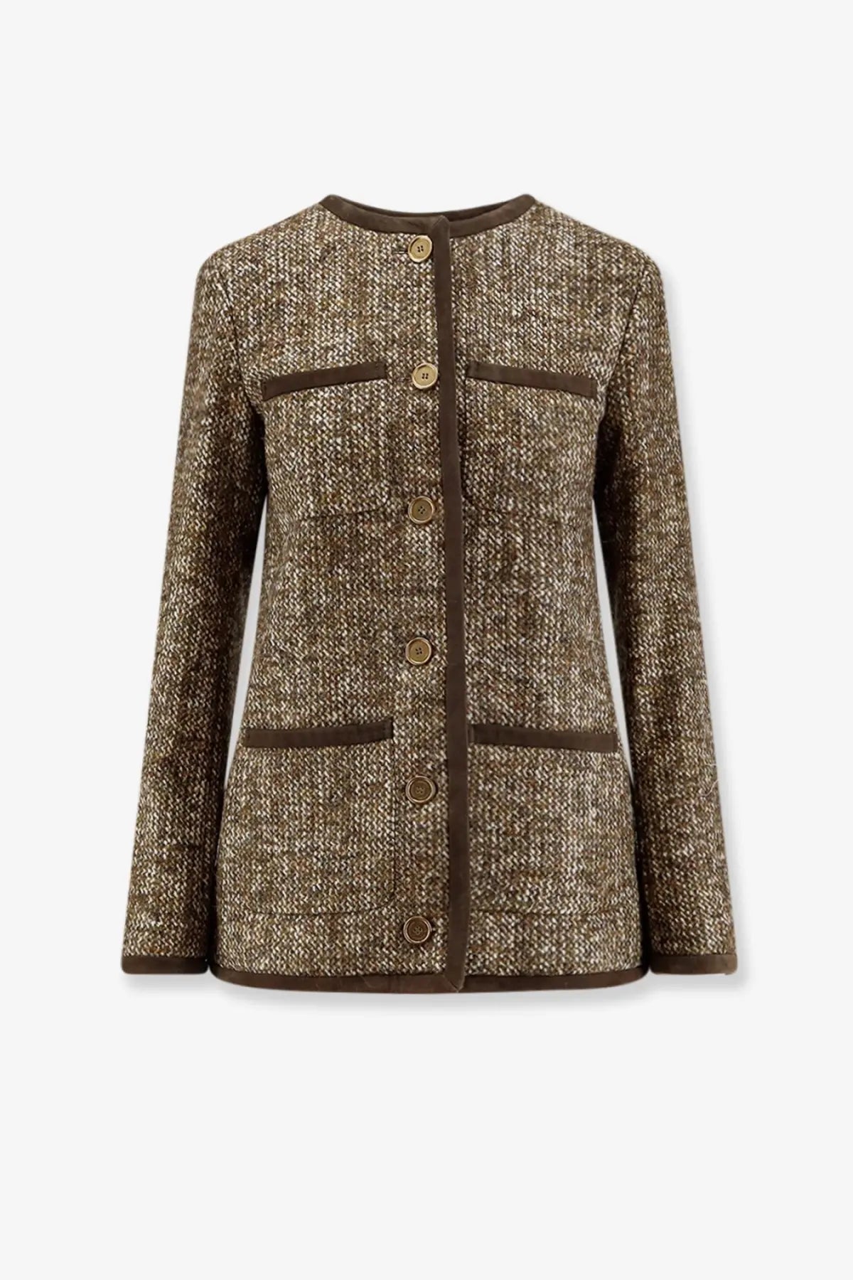 Golden goose women’s boxy fit brown wool blend blazer with classic tweed texture dark brown trim and gold buttons