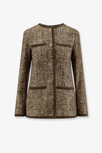 Golden goose women’s boxy fit brown wool blend blazer with classic tweed texture dark brown trim and gold buttons