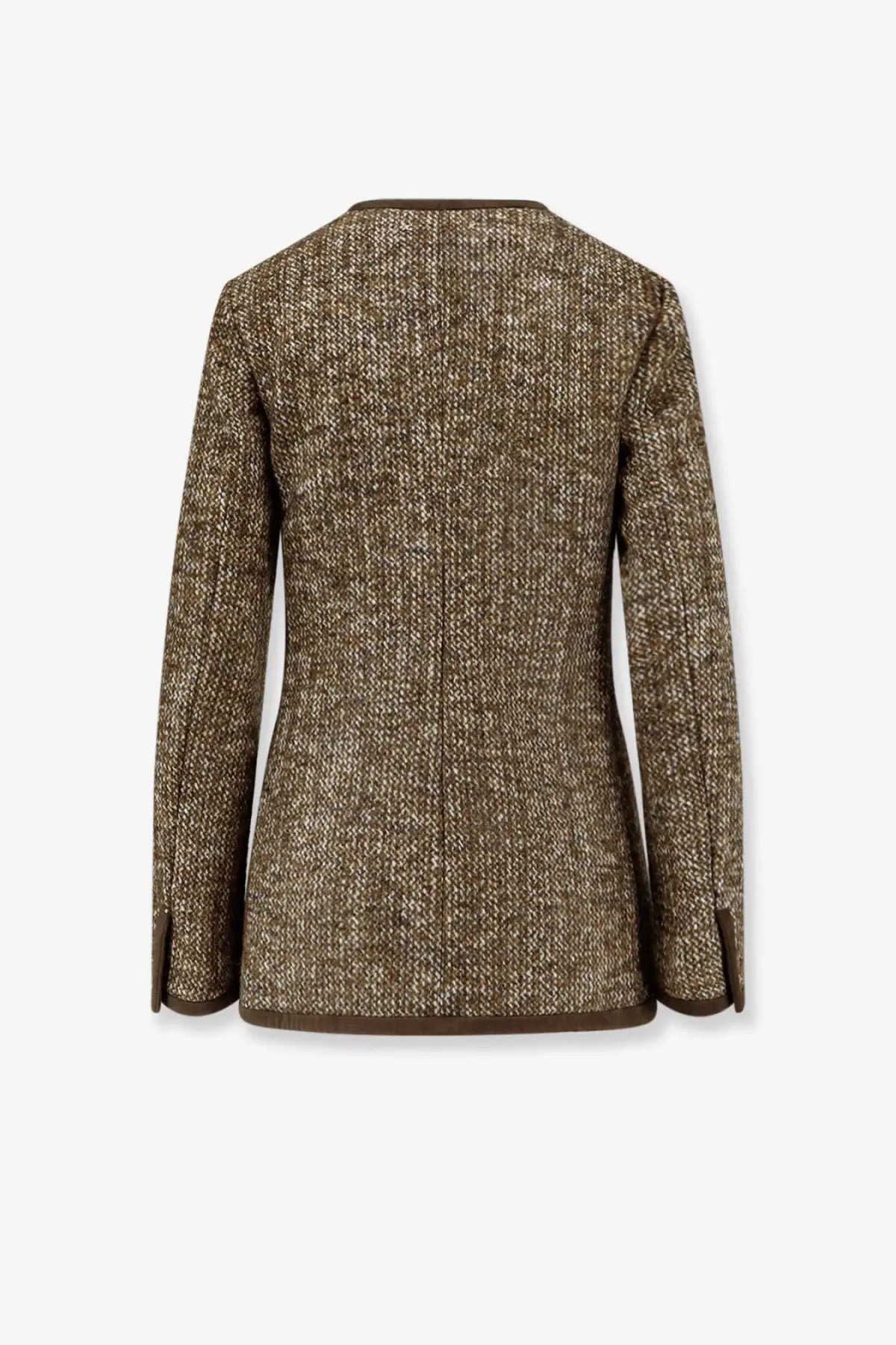Golden goose womens boxy fit wool blend blazer in brown tweed with herringbone pattern and dark brown trim