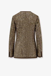 Golden goose womens boxy fit wool blend blazer in brown tweed with herringbone pattern and dark brown trim