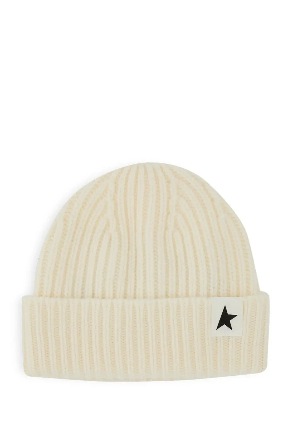 Cream-colored ribbed knit beanie with folded cuff and black star logo patch by golden goose women’s cappello damian white