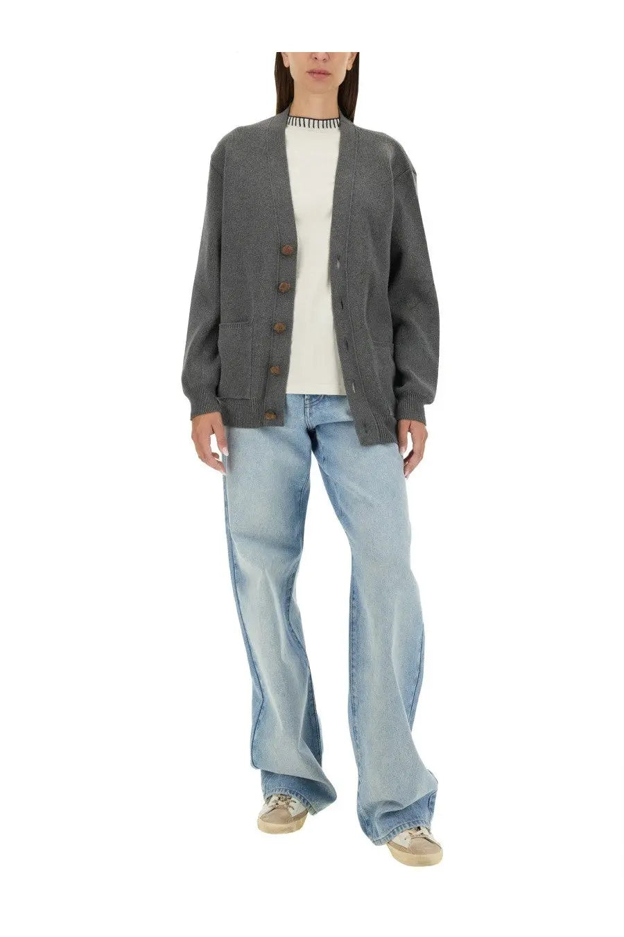 Golden Goose women’s grey knitted cardigan with brown buttons and front pockets made of soft wool blend