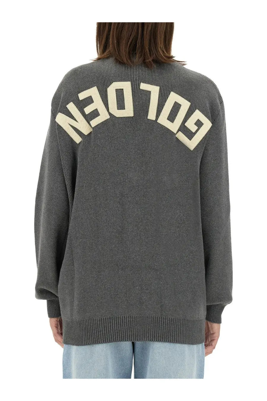 Back of golden goose women’s cardigan grey oversized knit sweater with cream golden lettering across the back