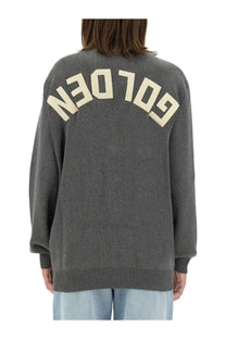 Back of golden goose women’s cardigan grey oversized knit sweater with cream golden lettering across the back