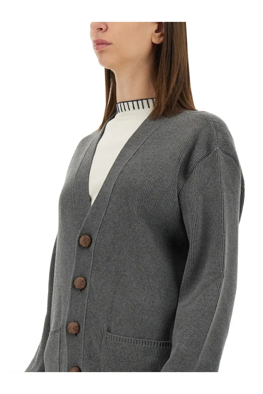 Golden Goose women’s cardigan grey ribbed knit with wooden buttons and a front pocket