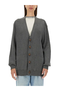 Golden goose women’s grey ribbed knit cardigan with wooden buttons and front pockets in soft knit material