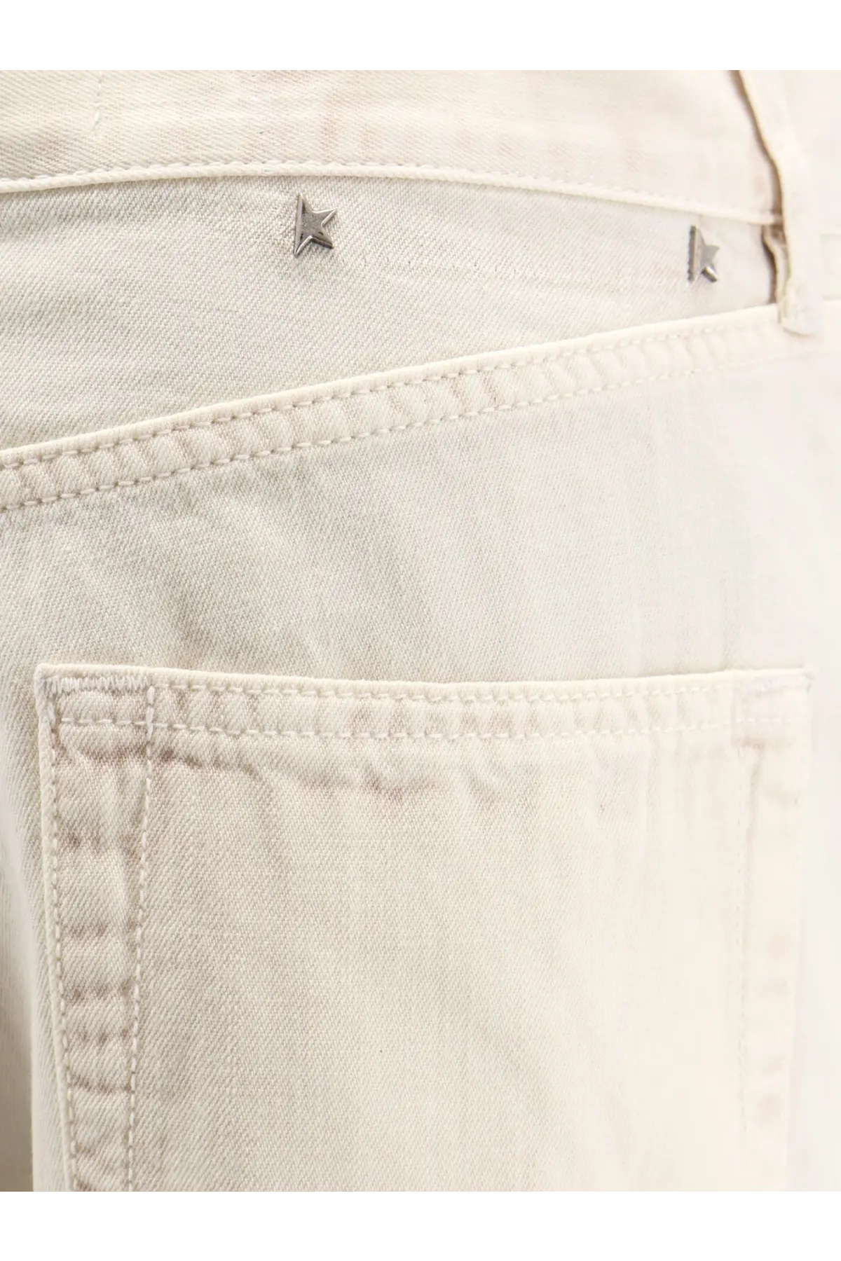 Beige cotton blend denim jeans with silver star metal studs on the waistband from golden goose womens trousers yellow