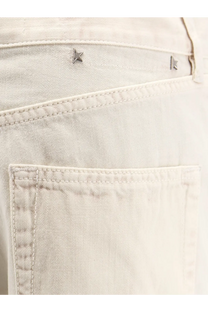 Beige cotton blend denim jeans with silver star metal studs on the waistband from golden goose womens trousers yellow