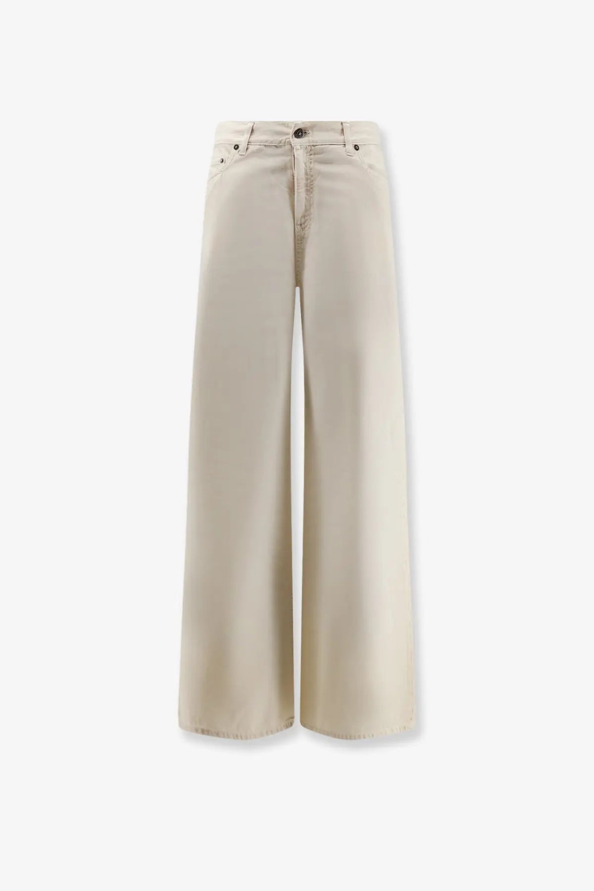 Beige wide-leg denim trousers with classic five-pocket design and button closure from golden goose womens cotton blend collection