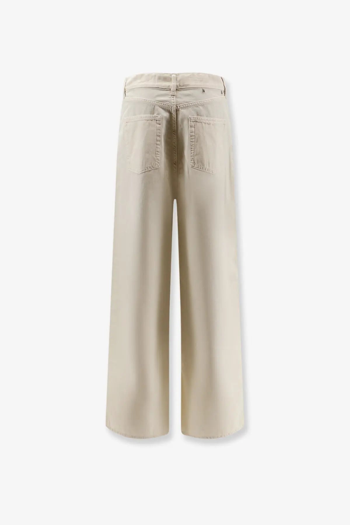 Beige wide-leg denim trousers with relaxed fit and classic back pockets from golden goose womens cotton blend yellow collection shown from back