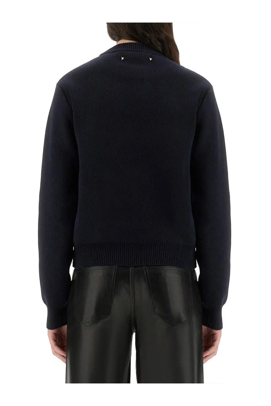 Golden goose women’s black cotton knit sweater with gold-tone star embellishments at the neckline