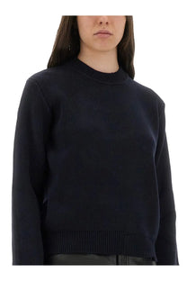 Golden goose women’s cotton jersey blue dark navy ribbed knit sweater with crew neckline and cropped hem