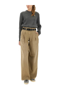 Beige wide-leg cotton trousers with pleated front and belt loops from Golden Goose women’s brown pants collection