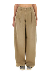 Golden Goose women’s brown cotton pants khaki high-waisted wide-leg trousers with pleated front and button closure