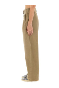 Golden Goose women’s brown cotton pants khaki high-waisted wide-leg trousers with pleated front and straight-cut legs