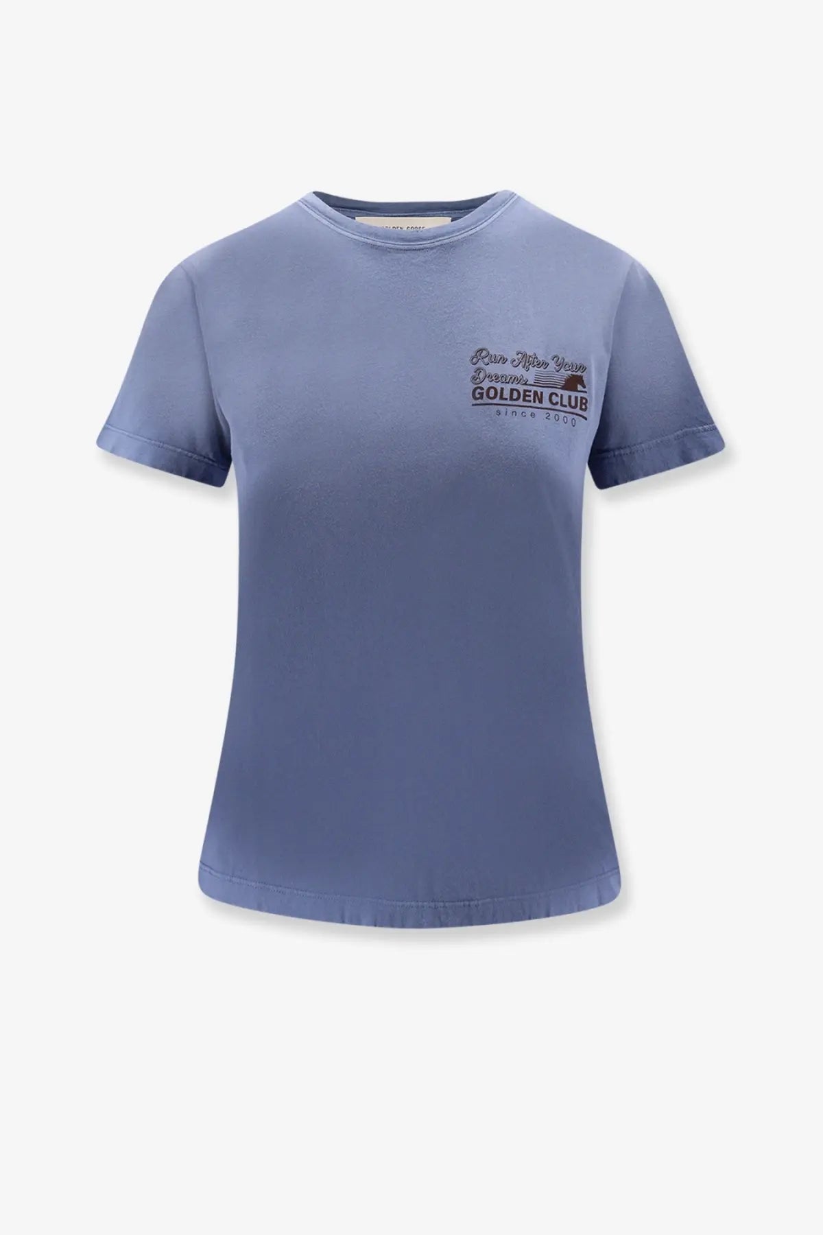 Golden Goose women’s soft blue cotton t-shirt with a vintage style golden club graphic print on the chest