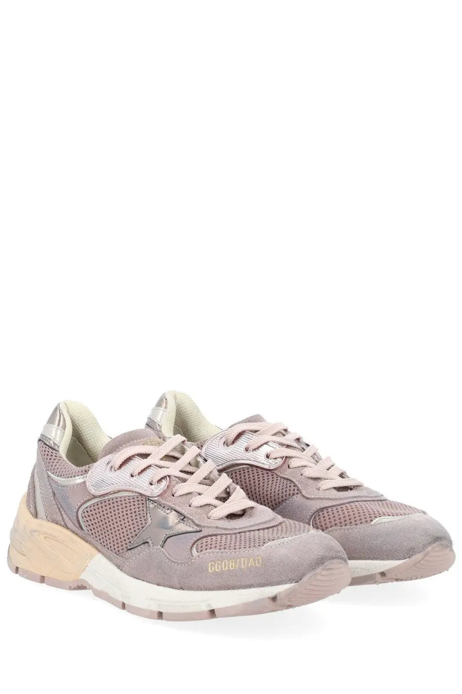 Golden Goose women’s dad star sneaker dusty rose suede mesh with metallic gold branding and chunky off-white sole