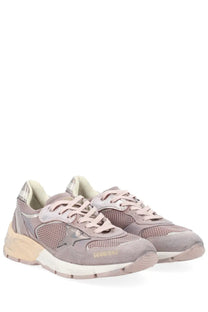 Golden Goose women’s dad star sneaker dusty rose suede mesh with metallic gold branding and chunky off-white sole