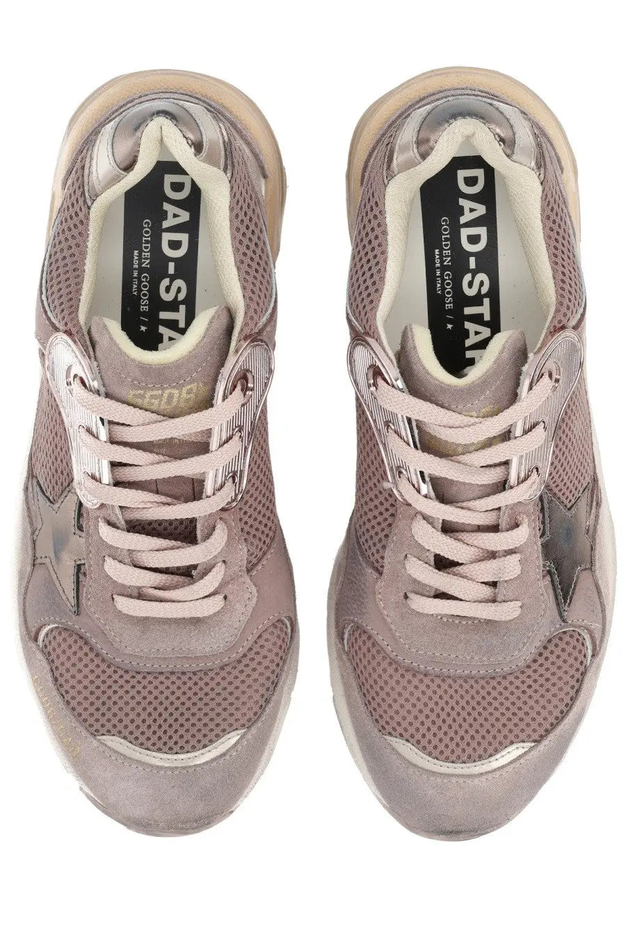 Golden goose womens dad star sneaker in dusty rose suede and mesh with metallic star accents and chunky white sole