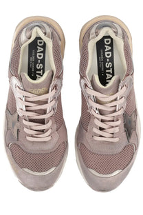Golden goose womens dad star sneaker in dusty rose suede and mesh with metallic star accents and chunky white sole