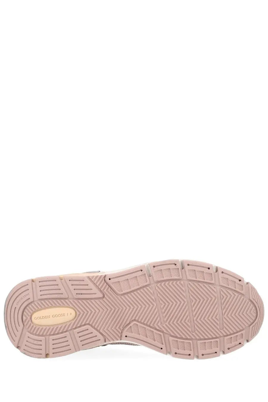 Pink rubber sole with textured pattern and golden goose logo on beige oval label of golden goose women’s dad star sneaker blue