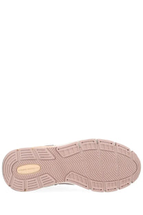 Pink rubber sole with textured pattern and golden goose logo on beige oval label of golden goose women’s dad star sneaker blue