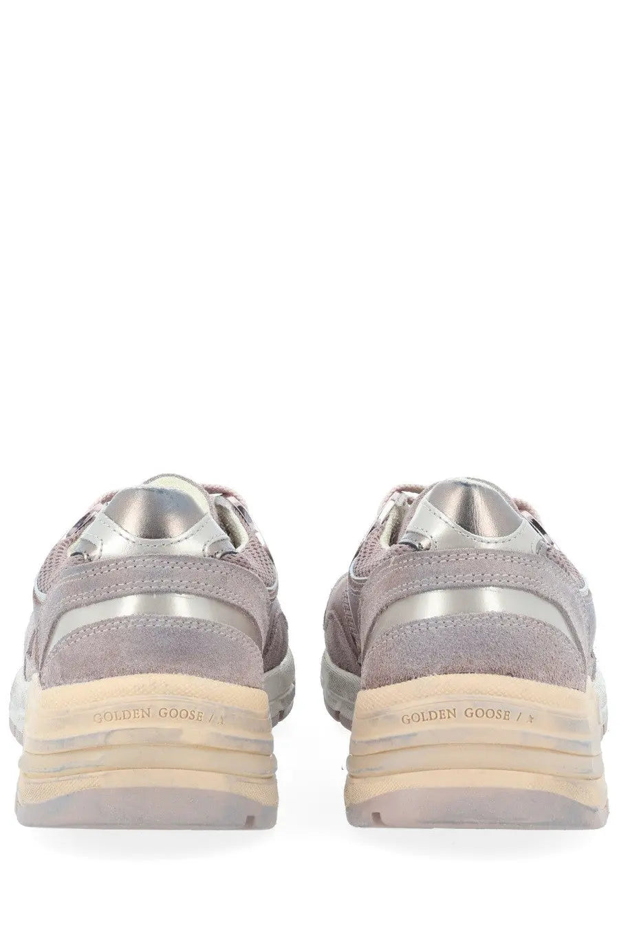 Silver and gray suede golden goose women’s dad star sneaker blue with metallic accents and chunky beige sole back view