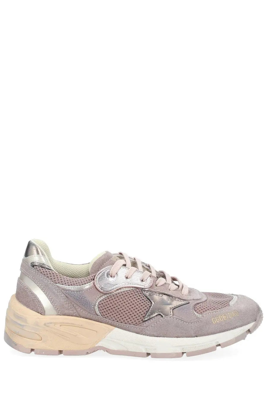 Golden goose women’s dad star sneaker in taupe suede and mesh with metallic silver star and beige rubber sole