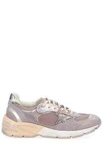 Golden goose women’s dad star sneaker in taupe suede and mesh with metallic silver star and beige rubber sole