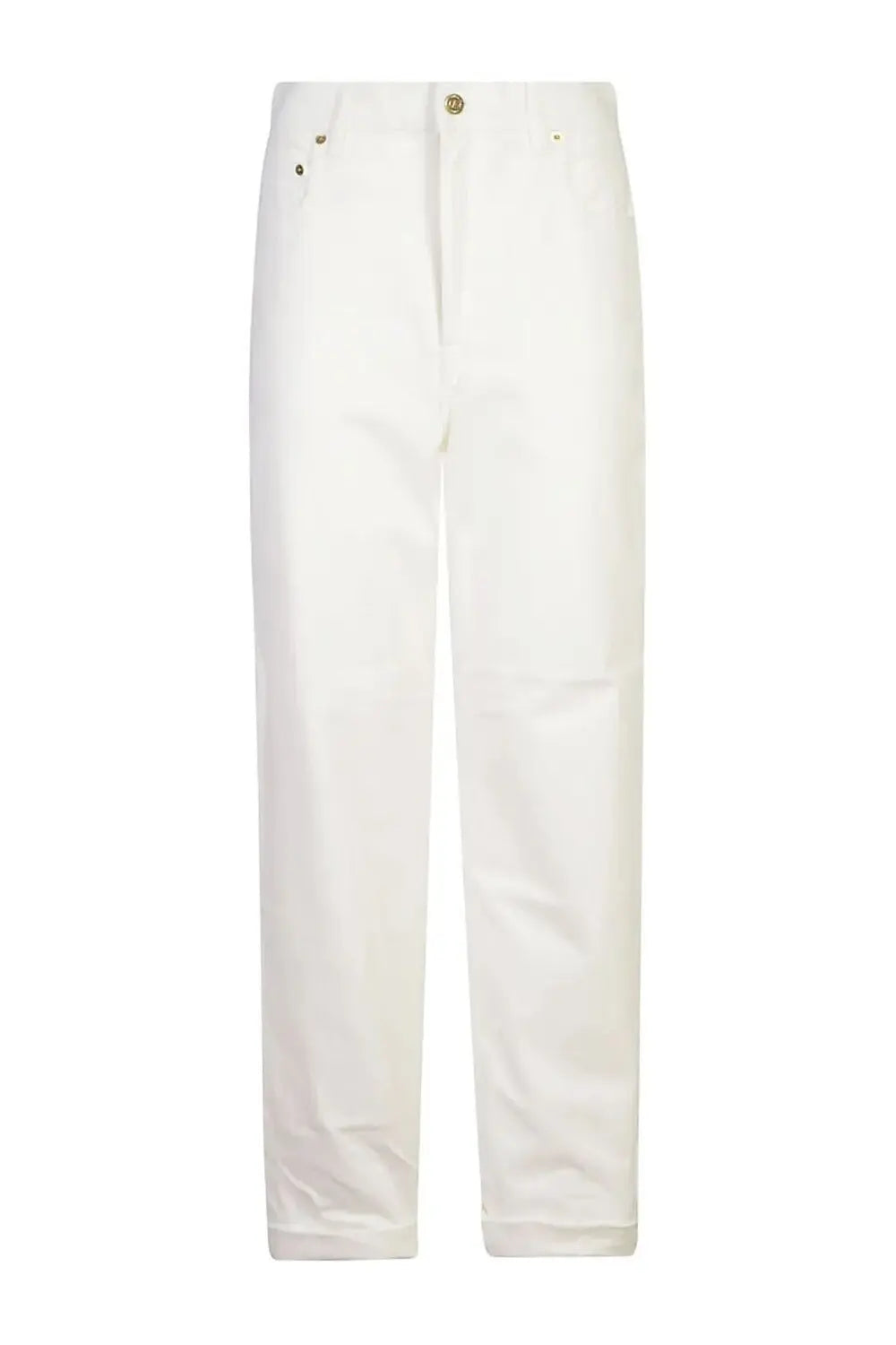 White high-waisted straight-leg denim trousers with gold-tone buttons and stitching by golden goose women