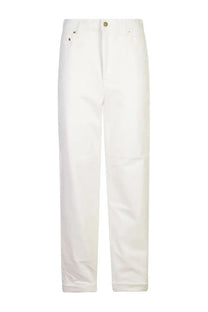 White high-waisted straight-leg denim trousers with gold-tone buttons and stitching by golden goose women