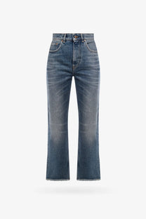 Golden goose women’s derin new cropped flare jeans in faded blue high waisted denim with frayed hem