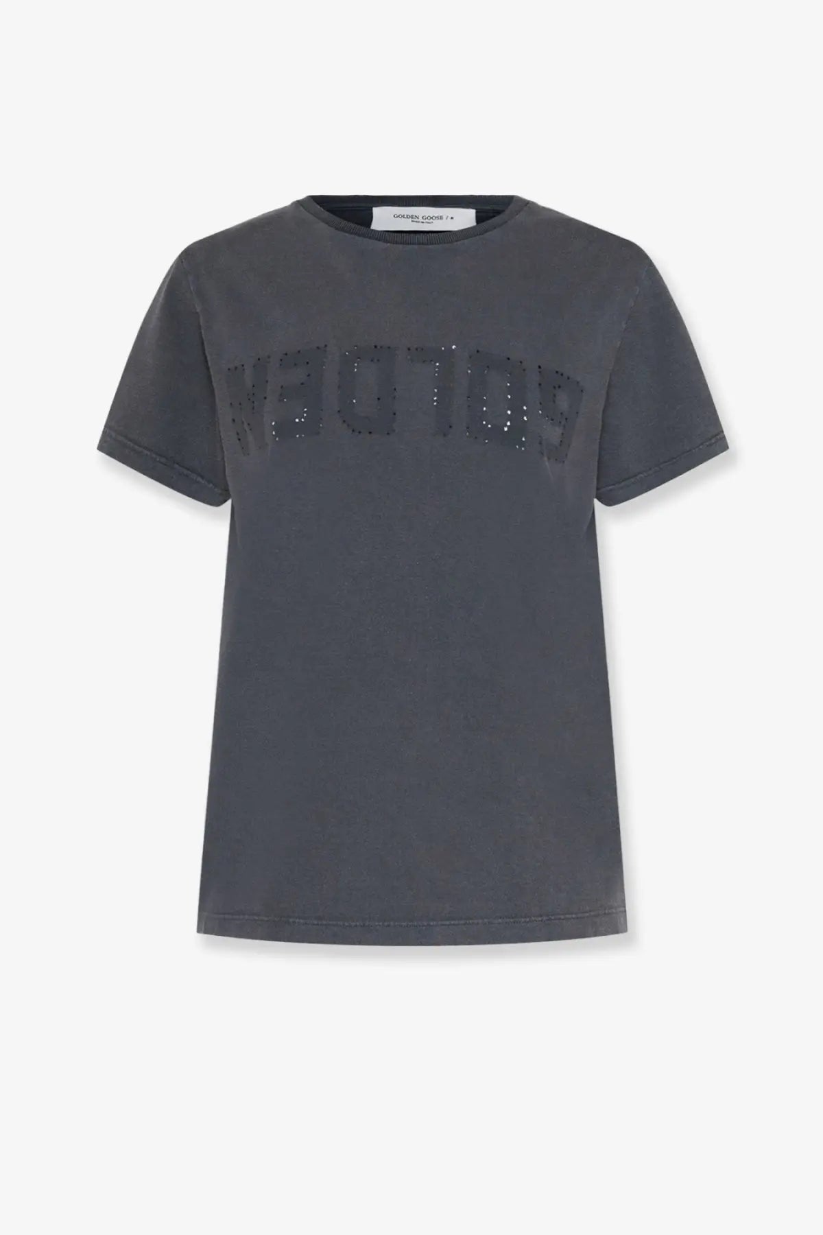 Golden goose women’s distressed dark gray cotton t-shirt with bold sequined m30789 graphic on the chest