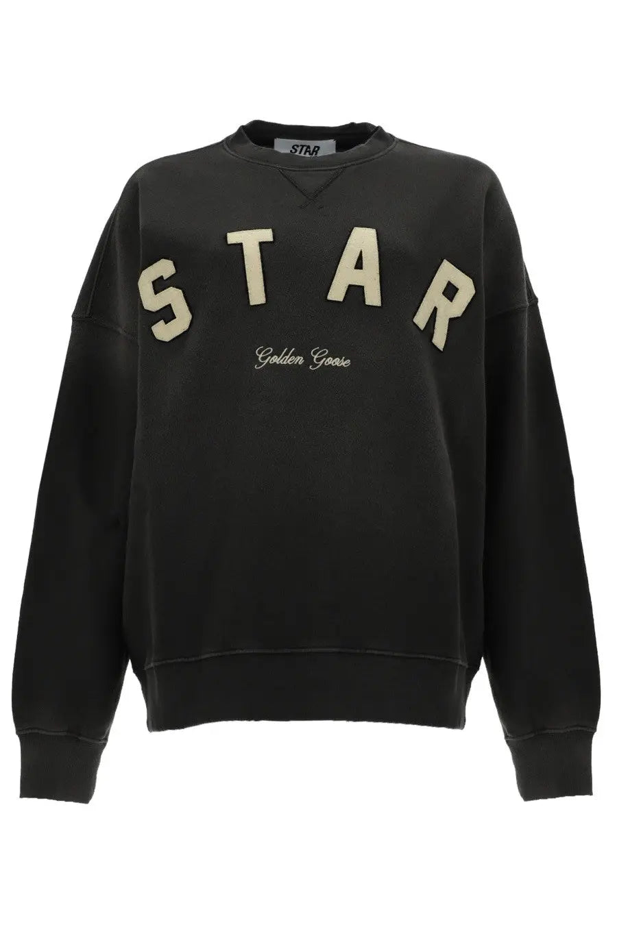 Golden Goose women’s felpa star grey black cotton sweatshirt with cream embroidered star letters and golden goose script