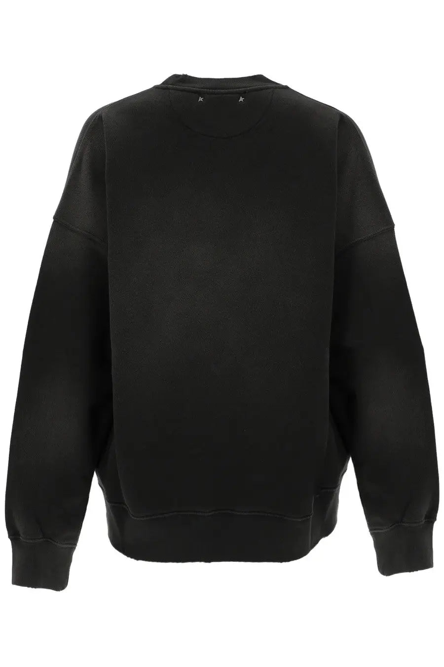 Black oversized crewneck sweatshirt with ribbed cuffs and hem featuring subtle star shaped metallic details at neckline