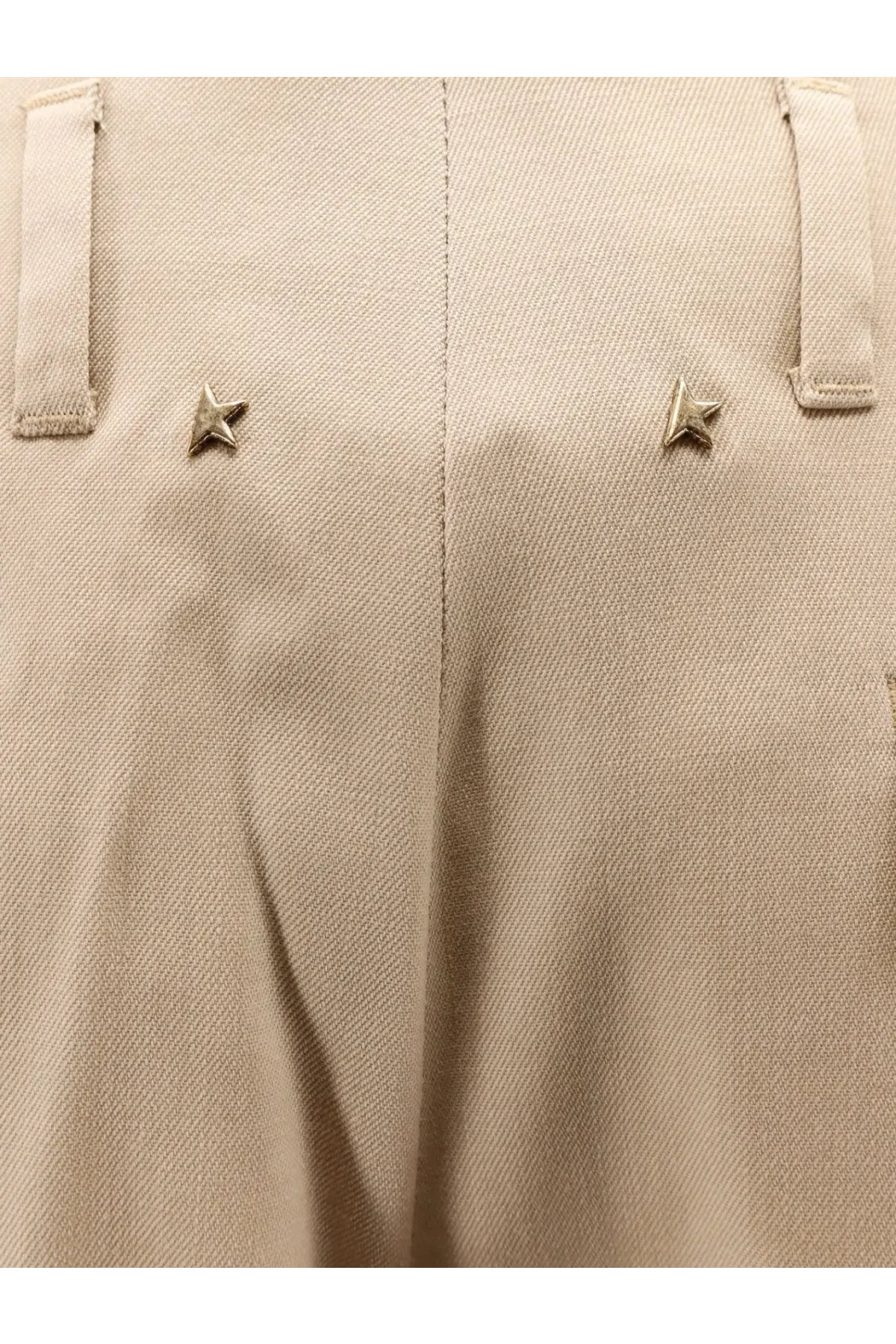 Beige Golden Goose women’s Flavia virgin wool trousers with silver star metal accents on pleated waistband