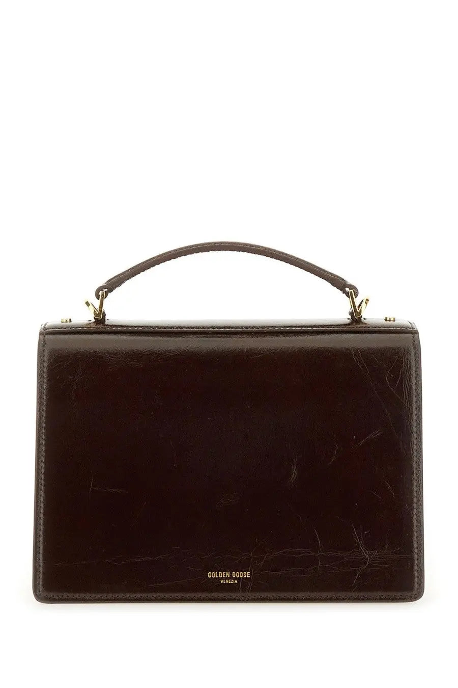 Golden Goose women’s handbag Venice brown dark brown glossy leather with top handle and gold-tone hardware