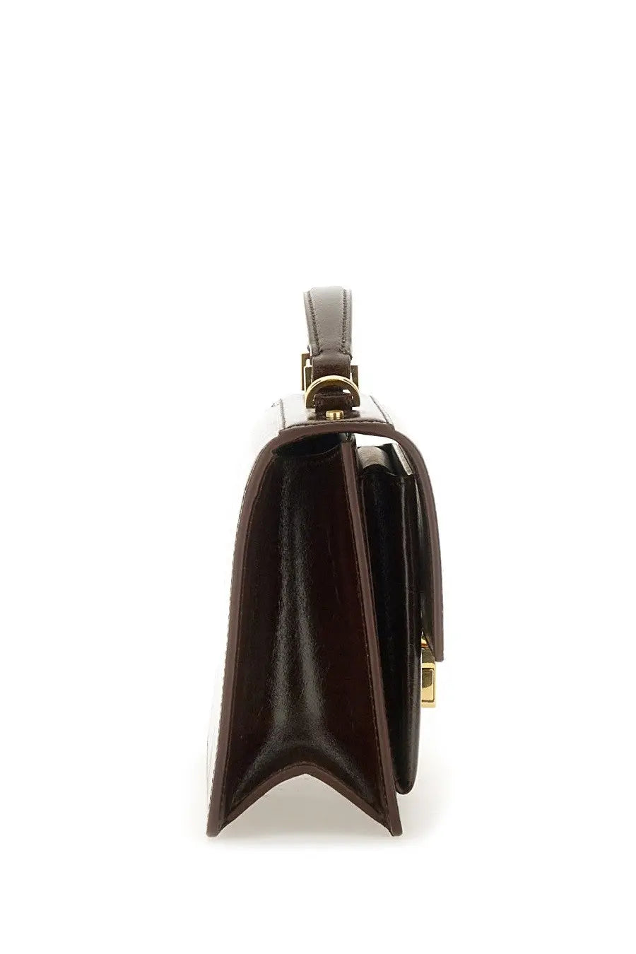 A sleek dark brown leather satchel with polished finish and gold-tone hardware from golden goose womens handbag venice brown
