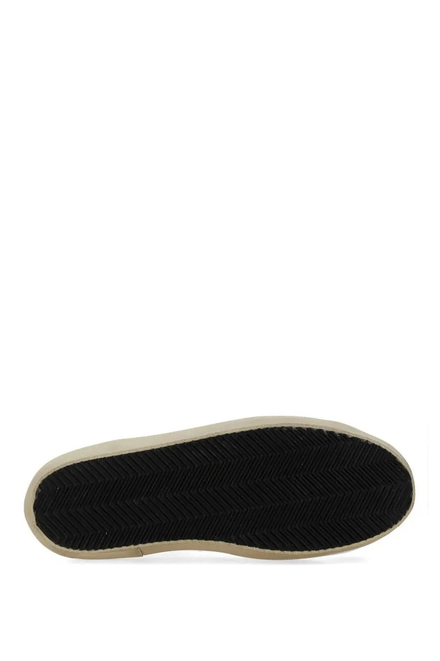 Golden goose women’s hi star sneaker white with black rubber sole herringbone tread and beige sidewall shown from back