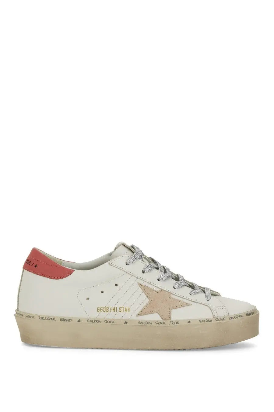 Golden Goose women’s hi star sneaker white low-top leather with tan star patch red heel tab and silver laces