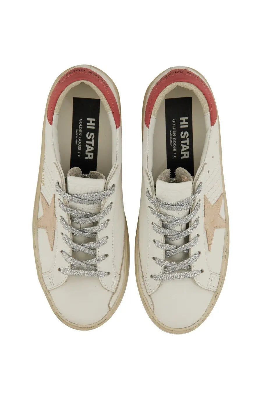 Golden Goose women’s HI Star sneaker white with white leather, glittery silver laces, beige star, and pink lining inside