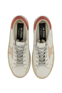 Golden Goose women’s HI Star sneaker white with white leather, glittery silver laces, beige star, and pink lining inside