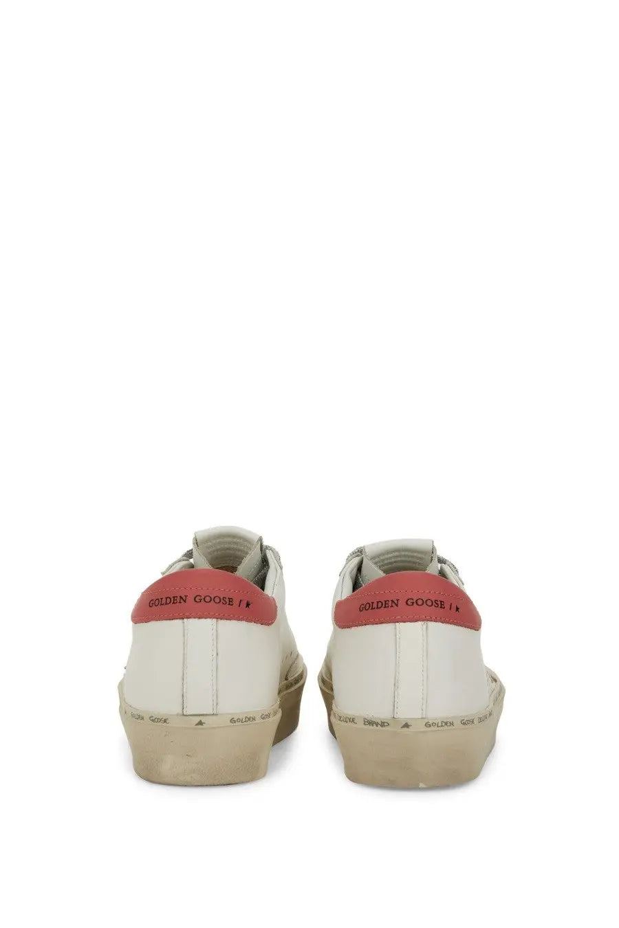 Golden Goose women’s hi star sneakers white leather with pink heel tab and beige rubber sole shown from the back
